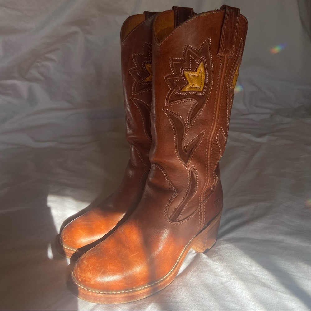 Frye Brown Leather Western Heeled Boots with Yellow Stitch Accent